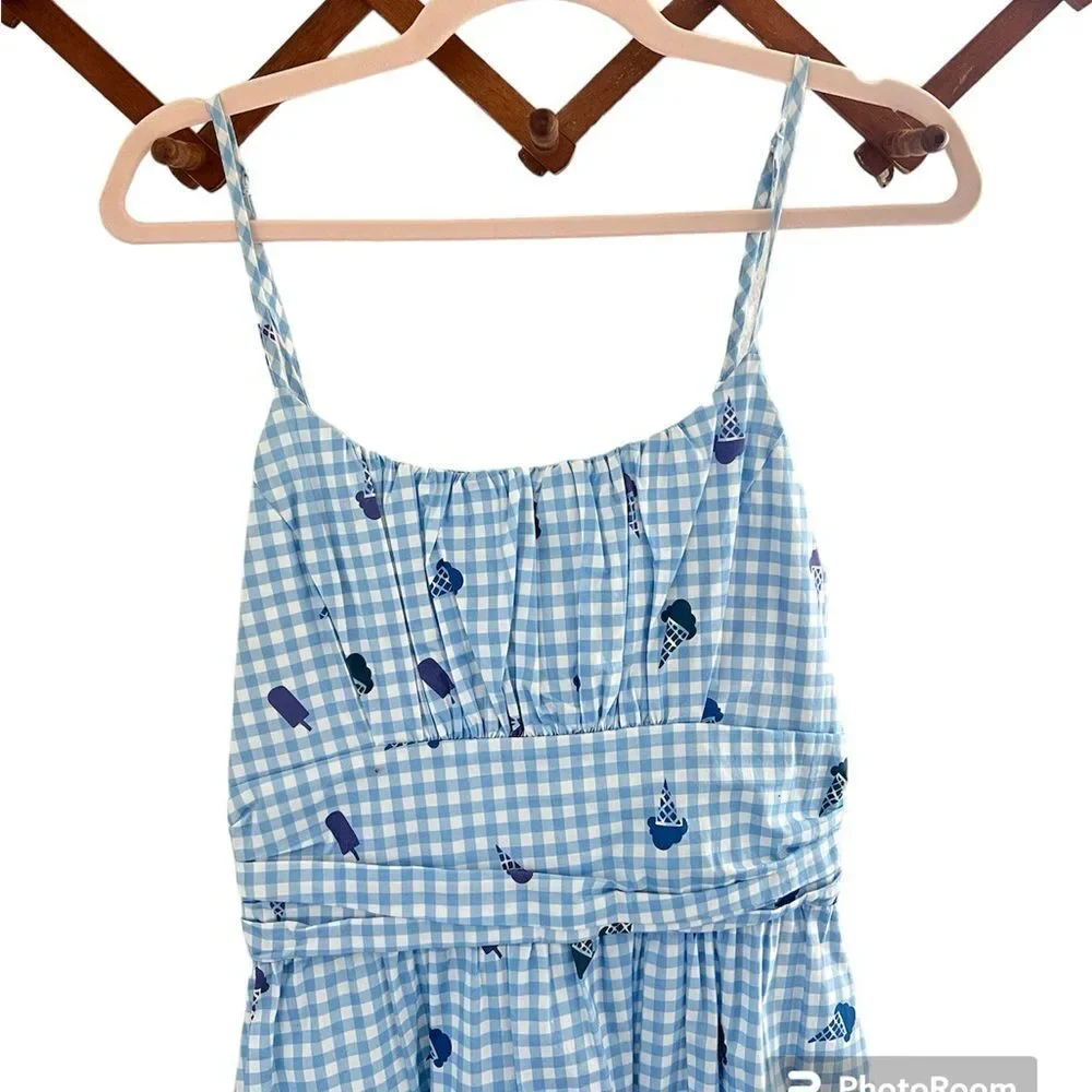 HVN Blue Lucy‎ Strappy Cotton Ruched Dress with Ice Cream Print sz 2